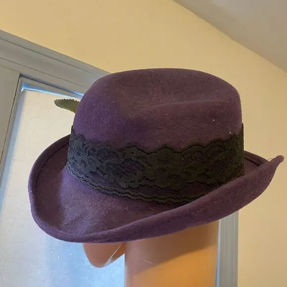 Vintage 70s Women Hat 100% Wool Purple Rose Black Lace Royal Core Gothic Grunge - Picture 10 of 11